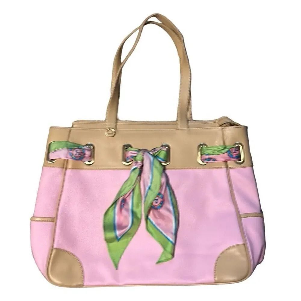 Well loved Parazul  bag, pink, and green with scarf. See flaws in pictures.
